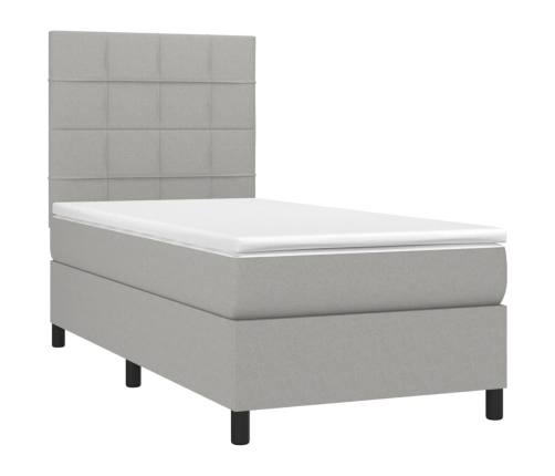 Cama box spring colchón y luces LED tela gris claro 90x200 cm