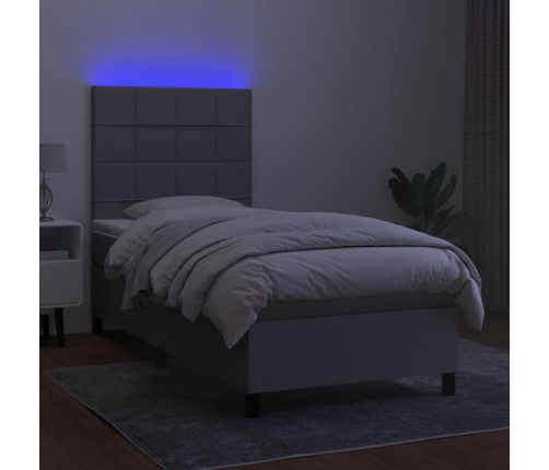 Cama box spring colchón y luces LED tela gris claro 90x200 cm