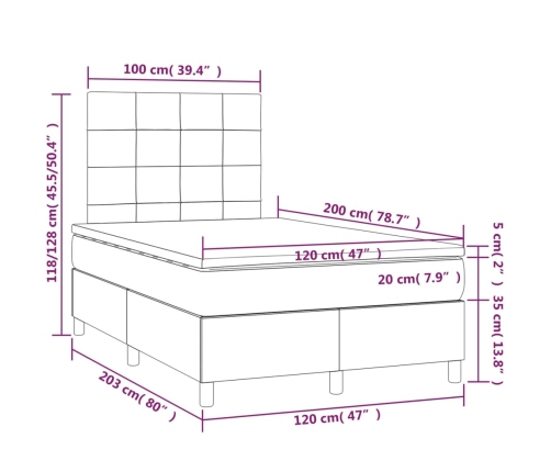 Cama box spring con colchón tela y LED gris claro 120x200 cm