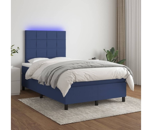 Cama box spring con colchón y LED tela azul 120x200 cm