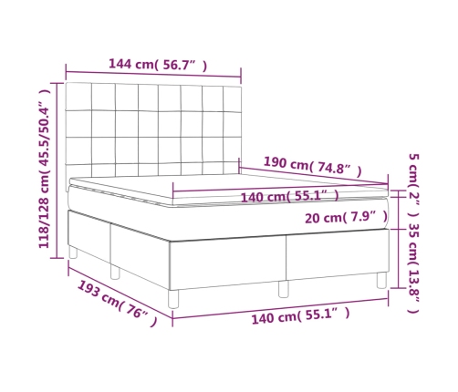 Cama box spring colchón y luces LED tela gris claro 140x190 cm