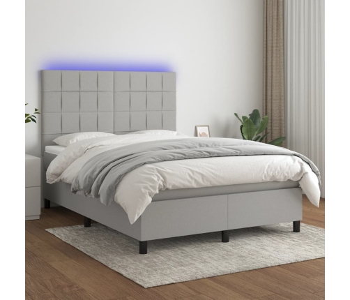 Cama box spring colchón y luces LED tela gris claro 140x190 cm