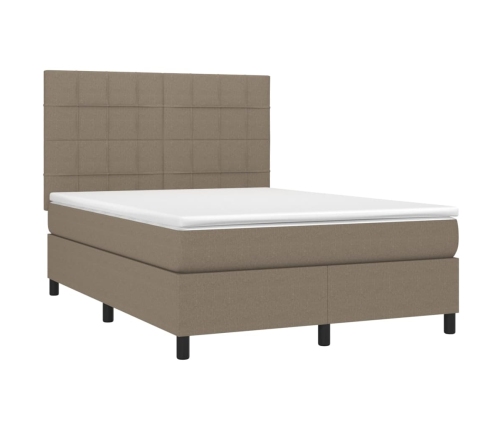 Cama box spring colchón y luces LED tela gris taupe 140x200 cm