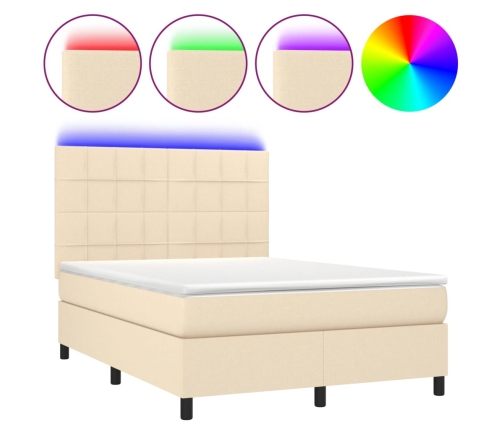Cama box spring colchón y luces LED tela crema 140x200 cm