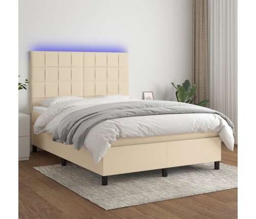 Cama box spring colchón y luces LED tela crema 140x200 cm