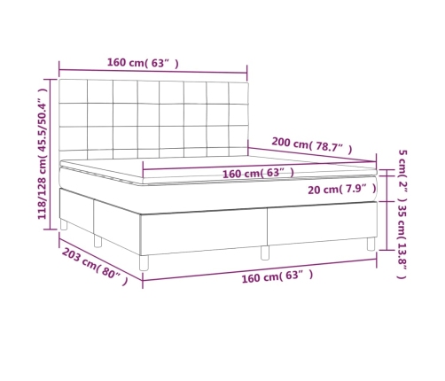 Cama box spring colchón luces LED tela marrón oscuro 160x200cm