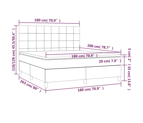 Cama box spring colchón y luces LED tela gris claro 180x200 cm