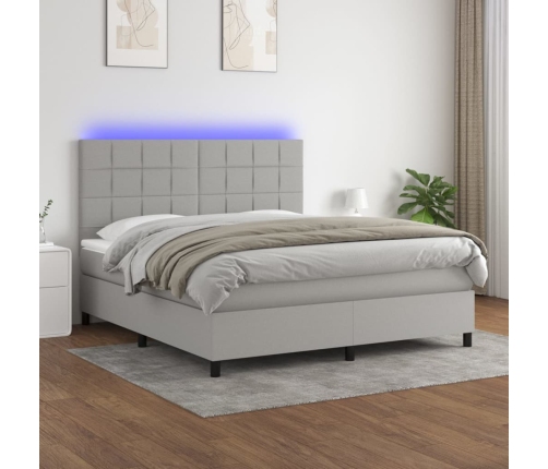 Cama box spring colchón y luces LED tela gris claro 180x200 cm