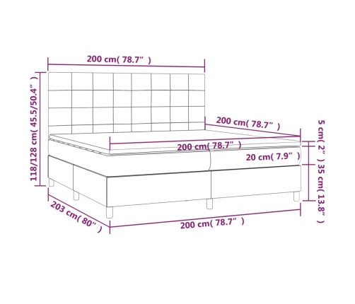 Cama box spring con colchón tela y LED gris claro 200x200 cm