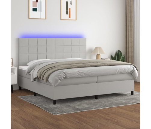 Cama box spring con colchón tela y LED gris claro 200x200 cm