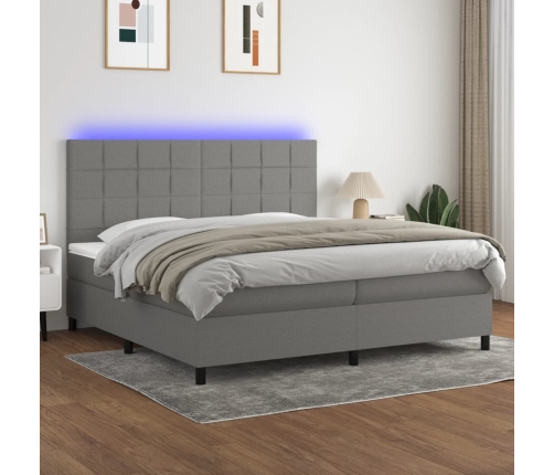 Cama box spring colchón y luces LED tela gris claro 200x200 cm