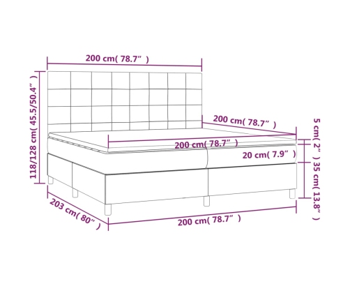 Cama box spring colchón y luces LED tela gris claro 200x200 cm