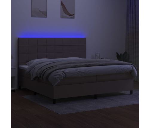 Cama box spring colchón y luces LED tela gris taupe 200x200 cm