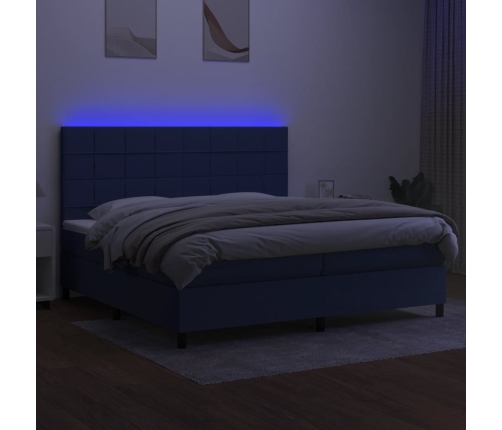 Cama box spring colchón y luces LED tela azul 200x200 cm