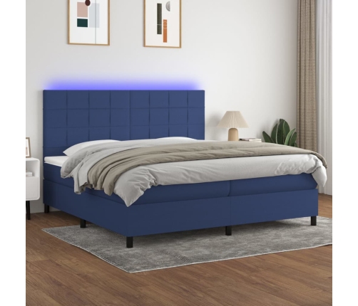 Cama box spring colchón y luces LED tela azul 200x200 cm