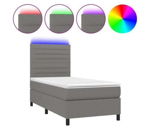 Cama box spring colchón y luces LED tela gris oscuro 80x200 cm