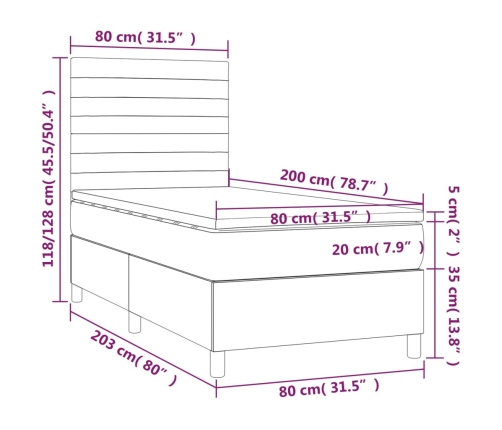 Cama box spring colchón y luces LED tela gris oscuro 80x200 cm