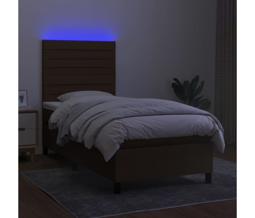 Cama box spring colchón y luces LED tela marrón oscuro 80x200cm