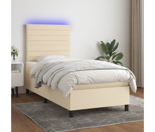 Cama box spring colchón y luces LED tela crema 80x200 cm