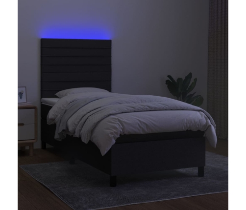 Cama box spring colchón y luces LED tela negro 90x190 cm