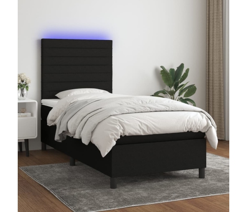 Cama box spring colchón y luces LED tela negro 90x190 cm