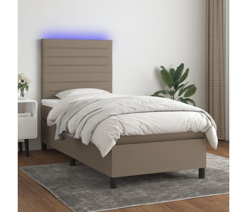 Cama box spring colchón y luces LED tela gris taupe 90x190 cm