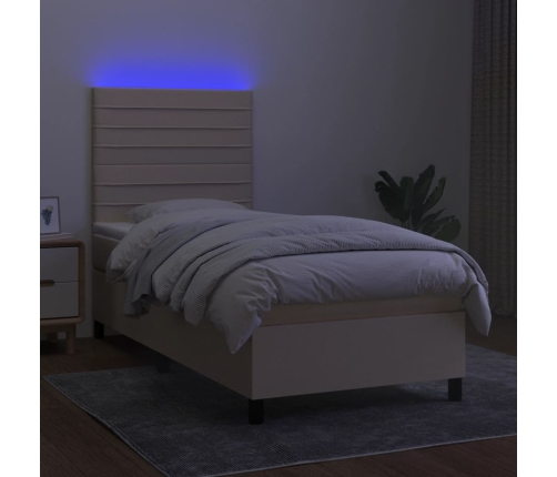 Cama box spring colchón y luces LED tela color crema 90x190 cm