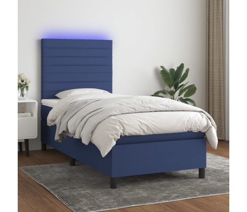 Cama box spring colchón y luces LED tela azul 90x190 cm