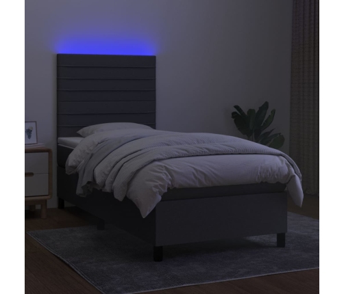 Cama box spring colchón y luces LED tela gris oscuro 90x200 cm