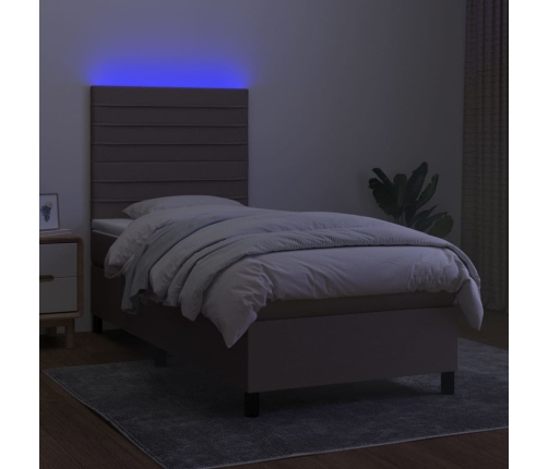 Cama box spring colchón y luces LED tela gris taupe 100x200 cm