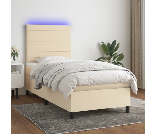 Cama box spring colchón y luces LED tela crema 100x200 cm