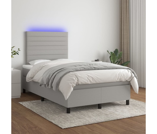 Cama box spring con colchón tela y LED gris claro 120x200 cm