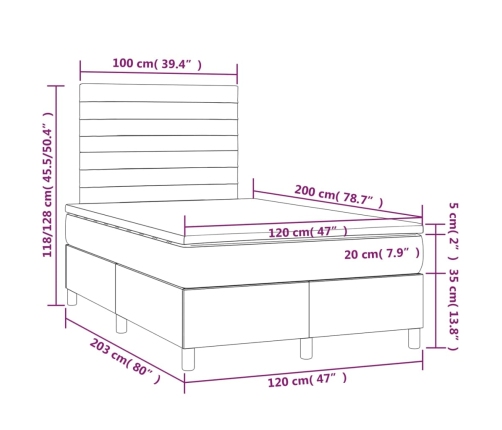 Cama box spring con colchón y LED tela marrón oscuro 120x200 cm