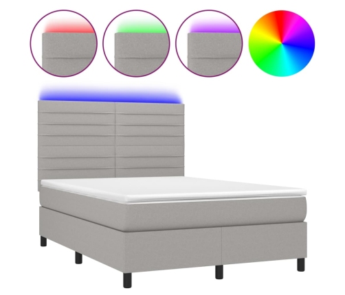 Cama box spring colchón y luces LED tela gris claro 140x190 cm