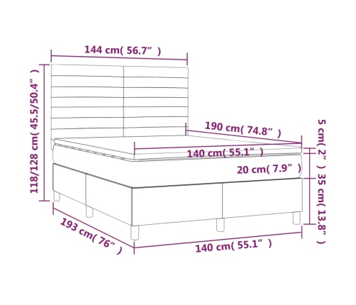 Cama box spring colchón y luces LED tela gris claro 140x190 cm