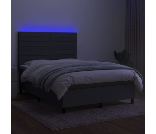 Cama box spring colchón y luces LED tela gris oscuro 140x190 cm