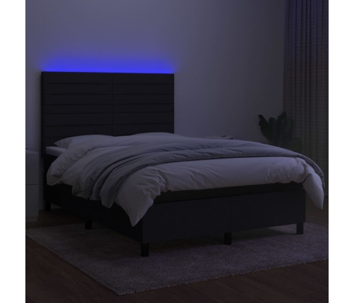 Cama box spring colchón y luces LED tela negro 140x200 cm