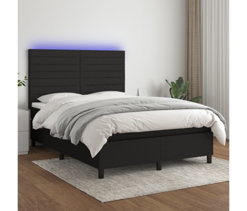 Cama box spring colchón y luces LED tela negro 140x200 cm