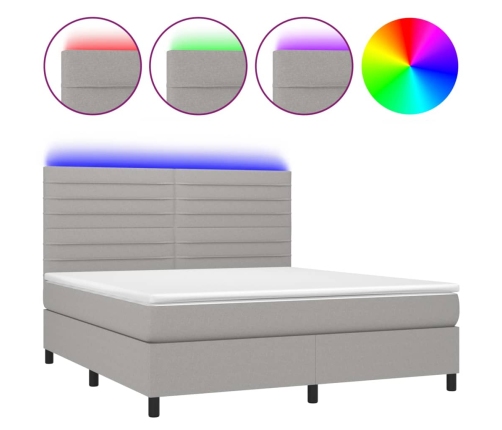 Cama box spring colchón y luces LED tela gris claro 160x200 cm