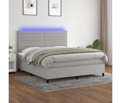 Cama box spring colchón y luces LED tela gris claro 160x200 cm