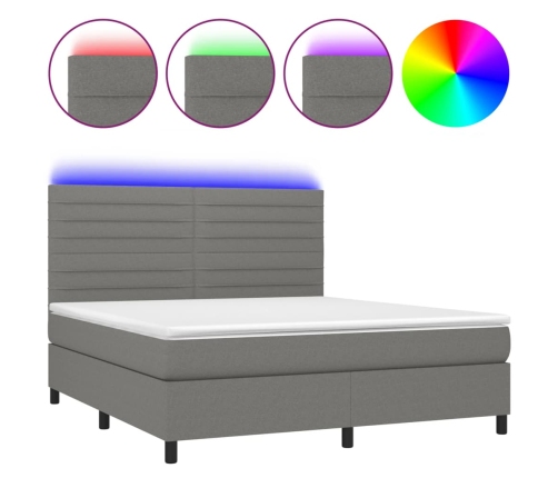 Cama box spring colchón y luces LED tela gris oscuro 160x200 cm