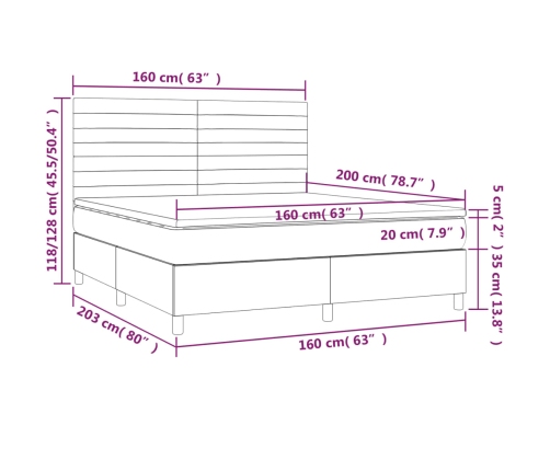 Cama box spring colchón y luces LED tela negro 160x200 cm