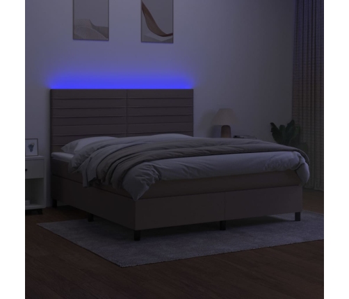 Cama box spring colchón y luces LED tela gris taupe 160x200 cm