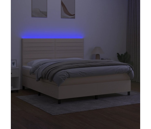 Cama box spring colchón y luces LED tela crema 160x200 cm