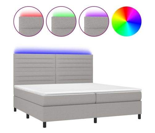 Cama box spring con colchón tela y LED gris claro 200x200 cm