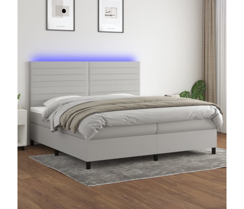 Cama box spring con colchón tela y LED gris claro 200x200 cm