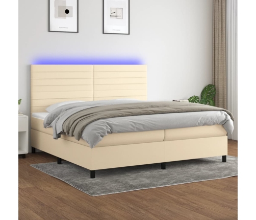 Cama box spring colchón y luces LED tela crema 200x200 cm