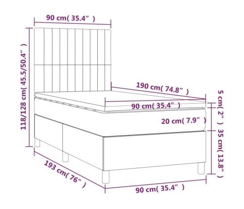 Cama box spring colchón y luces LED tela gris oscuro 90x190 cm