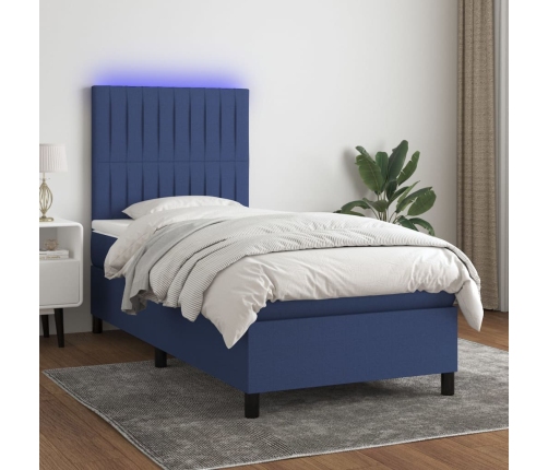 Cama box spring colchón y luces LED tela azul 90x190 cm