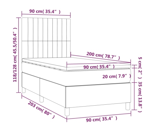 Cama box spring colchón y luces LED tela gris claro 90x200 cm